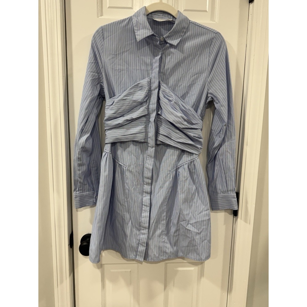 Sovere Evermore Corset Shirt Dress Blue Stripe Button Front Mini Women S